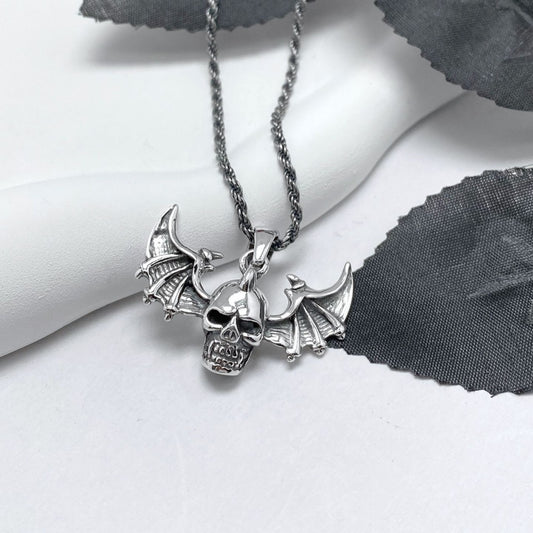 925 Sterling Silver Gothic Bat Wings Skull Pendant