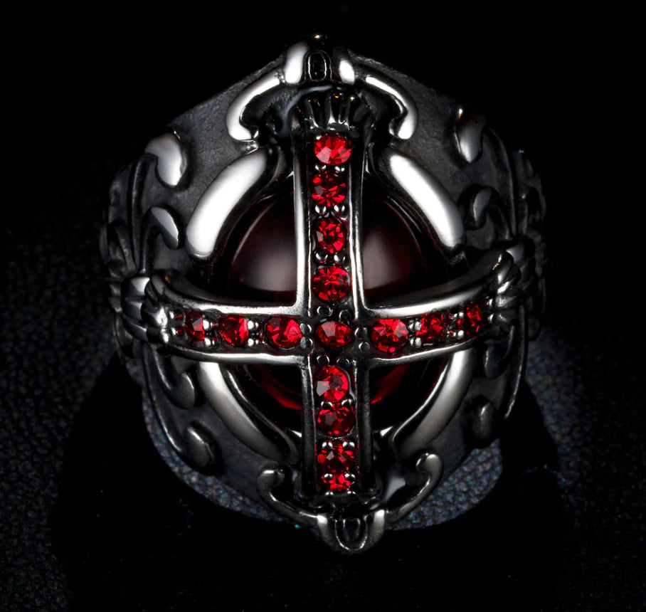 Gothic Cross Ring with Red Design
