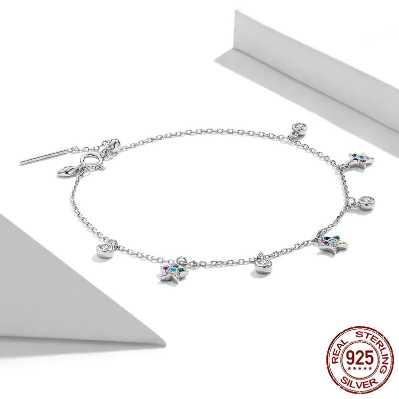 Simple Sterling Silver Star Bracelet with Colorful Zircon