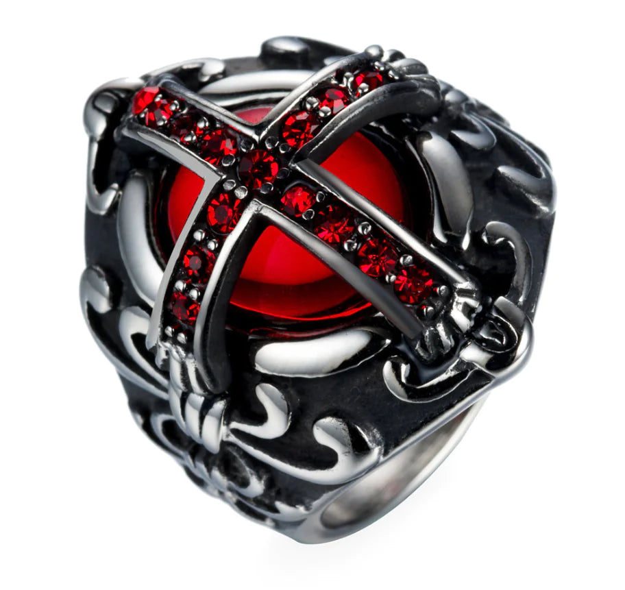 Gothic Cross Ring with Red Design