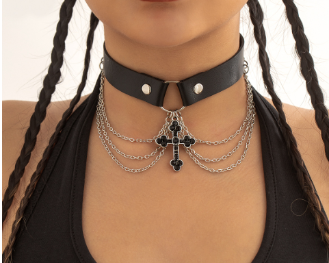 Gothic Pattern PU Alloy Cross Necklace