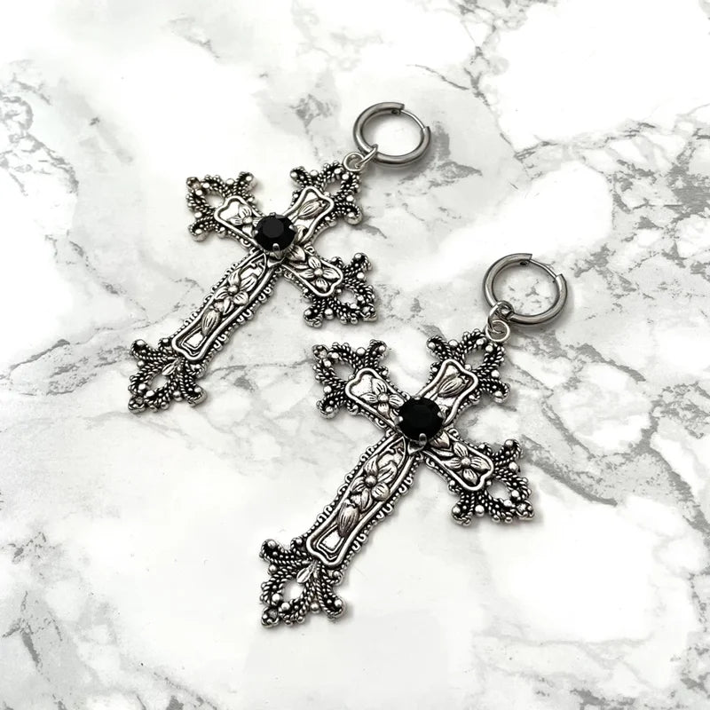 Gothic style cross earrings women's